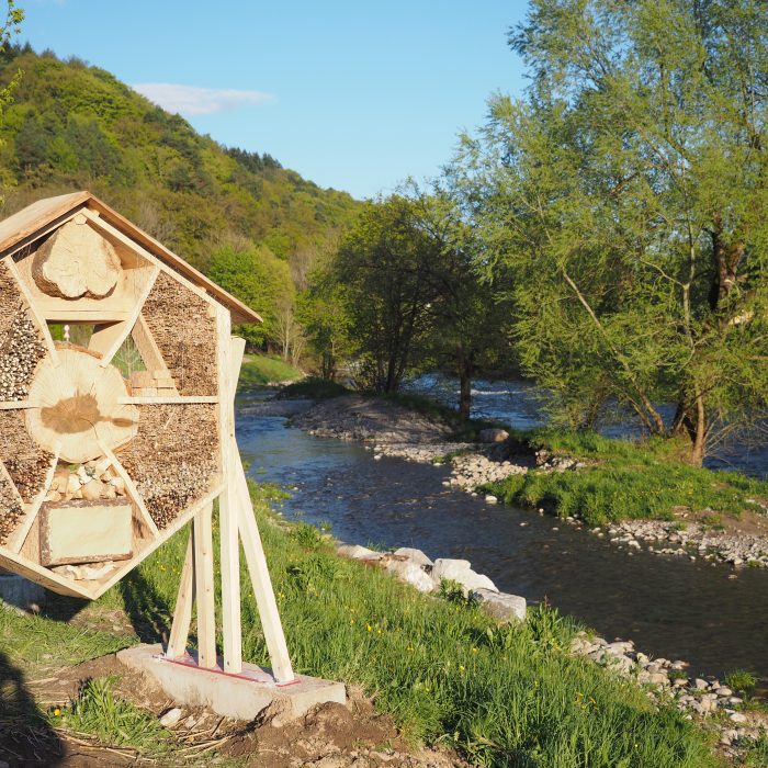 Hexagon-shaped bee hotel at a stream. Photo by Felix Fornoff